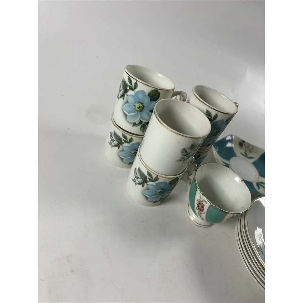 Vintage Fruit Japan Porcelain Tea Set Lot Blue Floral Cups Saucers Mid Century - Picture 3 of 7